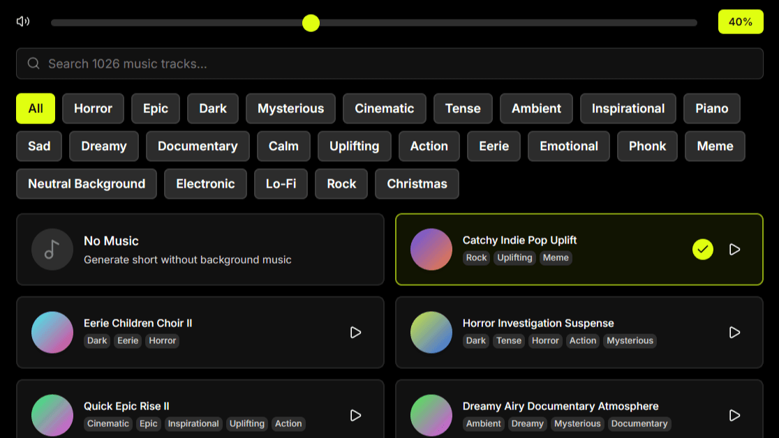 Reshort library of 1000+ royalty-free copyright-free music tracks sorted by mood like epic, horror, chill for viral TikTok and Instagram Reels videos