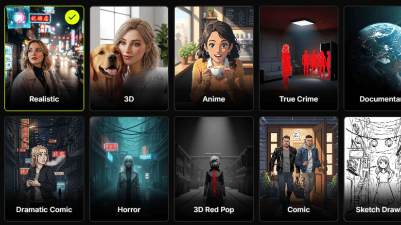 Reshort gallery of trending AI visual styles like anime, cinematic, and webcomic for faceless TikTok Reels and YouTube Shorts videos