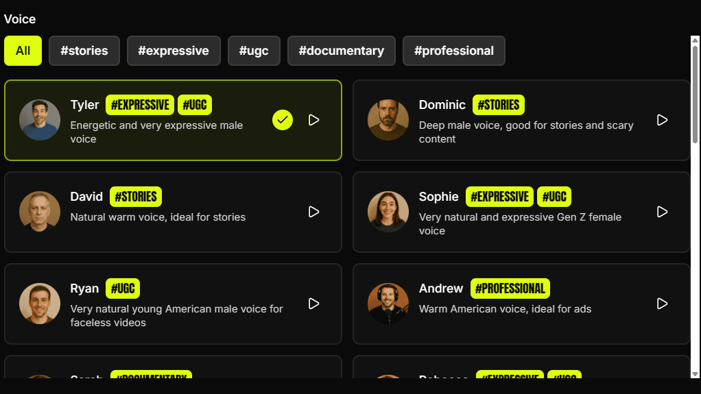 Reshort AI voice avatar library with 30+ ultra-realistic voices in 20+ languages for UGC videos, storytelling, and professional narration for faceless content