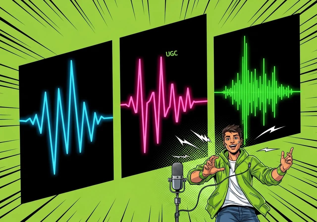 Cover Image for A split-screen composition showing three distinct AI voice waveforms in vibrant neon colors (electric blue, hot pink, bright green) overlaid on a dark background. Each waveform represents a different content format: the first shows dramatic peaks for scary story narration, the second displays smooth conversational waves for UGC content, and the third presents authoritative documentary-style patterns. In the foreground, a content creator's hand holds a smartphone displaying TikTok, Instagram Reels, and YouTube Shorts icons, with a view counter exploding upward in red numbers reaching 1M+ views. The image conveys the power of choosing the right AI voice to unlock viral success across platforms.
