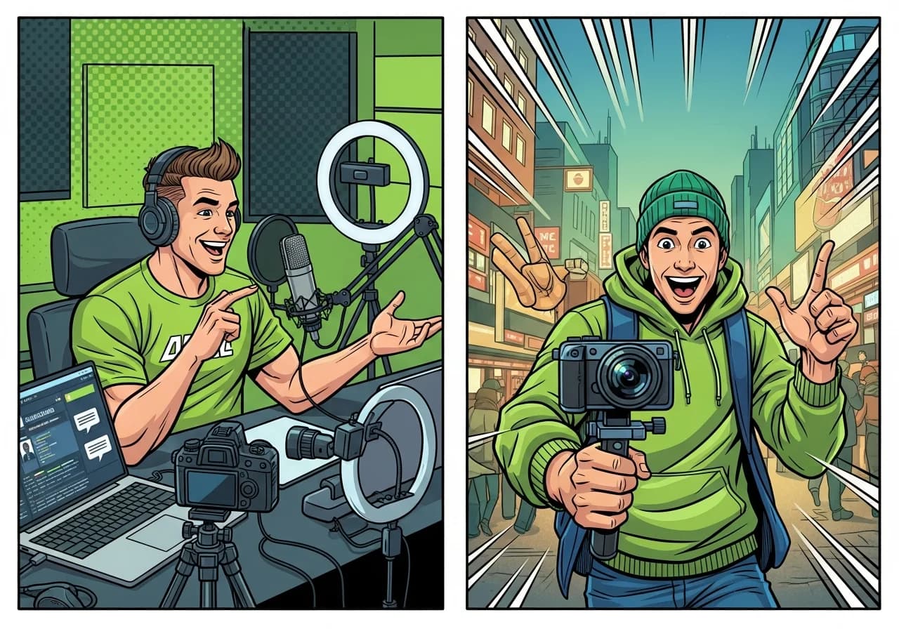Cover Image for Split-screen image showing a content creator's excited face on the left side looking at a laptop, with the right side displaying a glowing AI interface generating multiple video hook variations in real-time. The screen shows engagement metrics skyrocketing - views counter spinning rapidly upward in bright green, a retention graph curving sharply up, and multiple short-form video thumbnails (TikTok, Instagram Reels, YouTube Shorts logos visible) lined up ready to post. The overall color scheme is electric blue and neon green suggesting speed, automation, and viral potential. The creator's workspace has a ring light, microphone, and sticky notes with 'HOOK IDEAS' visible, creating contrast between manual effort and AI-powered efficiency.