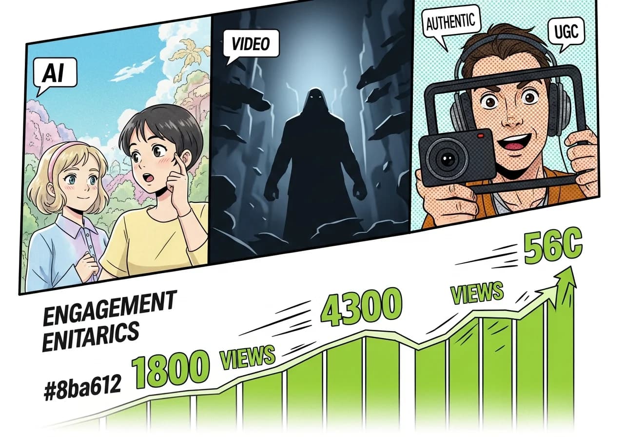 Cover Image for A split-screen comparison showing three distinct AI video styles: anime-transformed characters with soft pastel Ghibli aesthetics on the left, a cinematic dark moody scene with dramatic lighting in the center, and an authentic UGC-style selfie video on the right. Below them, engagement metrics and view counters climb exponentially upward in bright green, suggesting viral success. The overall mood is dynamic and exciting, capturing the dream of going viral with AI-generated content.