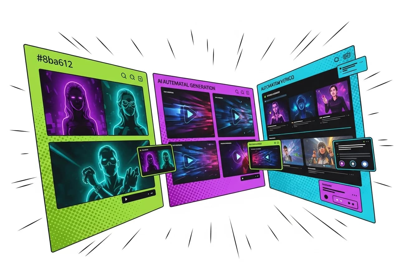 Cover Image for Split screen showing three AI visual generation tools creating stunning vertical video content - left panel displays cinematic AI-generated images with neon lighting, middle shows dynamic video clips with motion blur, right panel features automated short-form video with trendy effects and captions, all in vibrant purple and blue tones with floating UI elements