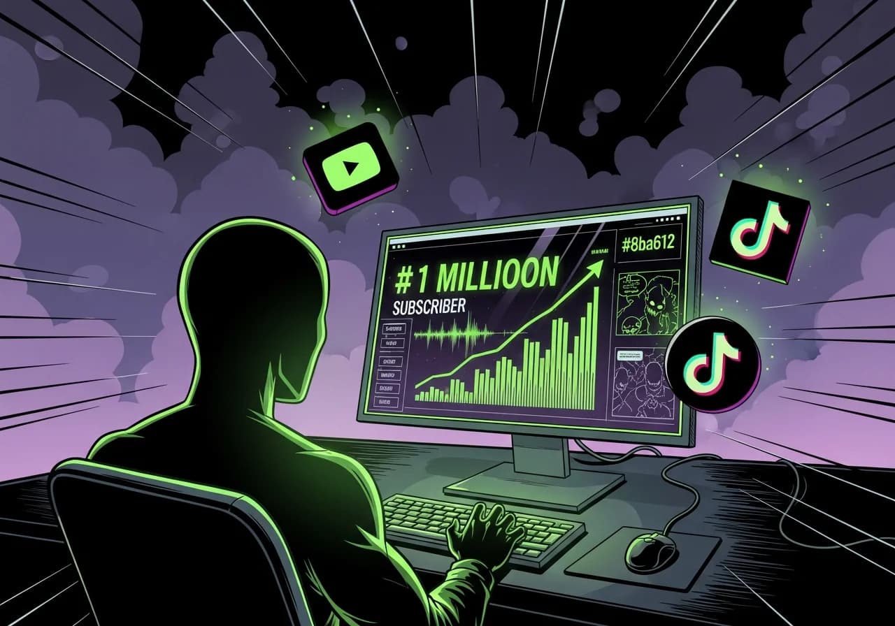 Cover Image for A dramatic dark workspace with a glowing computer screen displaying an audio waveform and spooky webcomic-style visuals, a phantom silhouette representing a faceless creator, subscriber count rapidly climbing past 1 million in bright green numbers, with YouTube and TikTok icons floating in a misty purple atmosphere, evoking mystery and viral success without showing any human face.