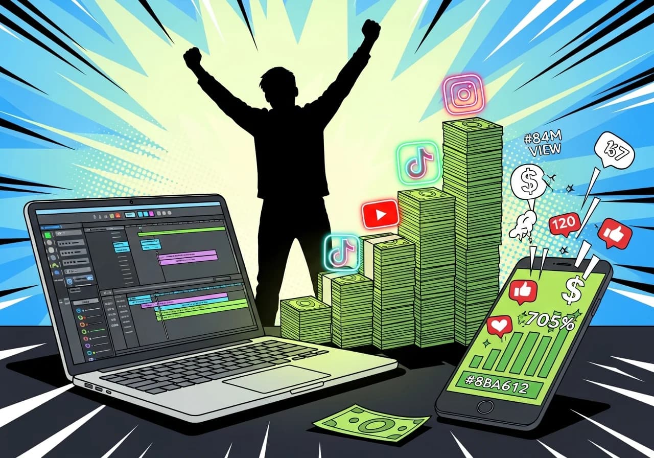 Cover Image for A dramatic split-screen showing a laptop with video editing software on one side and a smartphone displaying rapidly increasing dollar signs and view counts on the other. Stacks of money grow upward like a bar chart, with YouTube, TikTok, and Instagram icons glowing in neon. A faceless silhouette figure celebrates in the background with arms raised, representing anonymous creator success.