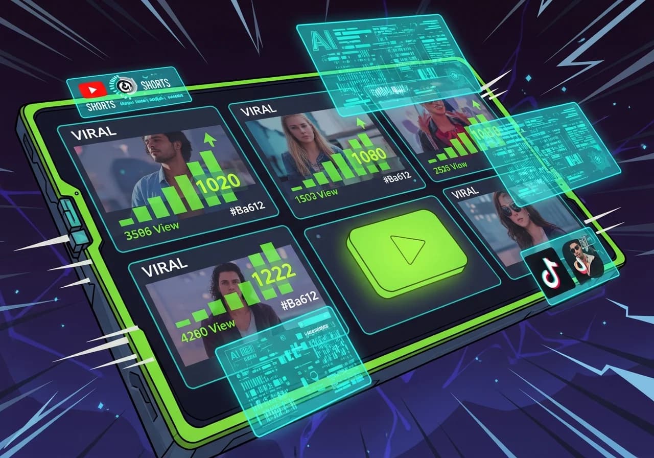 Cover Image for A futuristic content creator dashboard showing multiple viral video thumbnails with exponentially rising view counters in neon green, AI-generated video previews on floating holographic screens, a prominent play button glowing in the center, YouTube Shorts and TikTok icons subtly integrated, dark purple and electric blue color scheme suggesting cutting-edge technology, the mood is exciting and aspirational showing massive growth potential