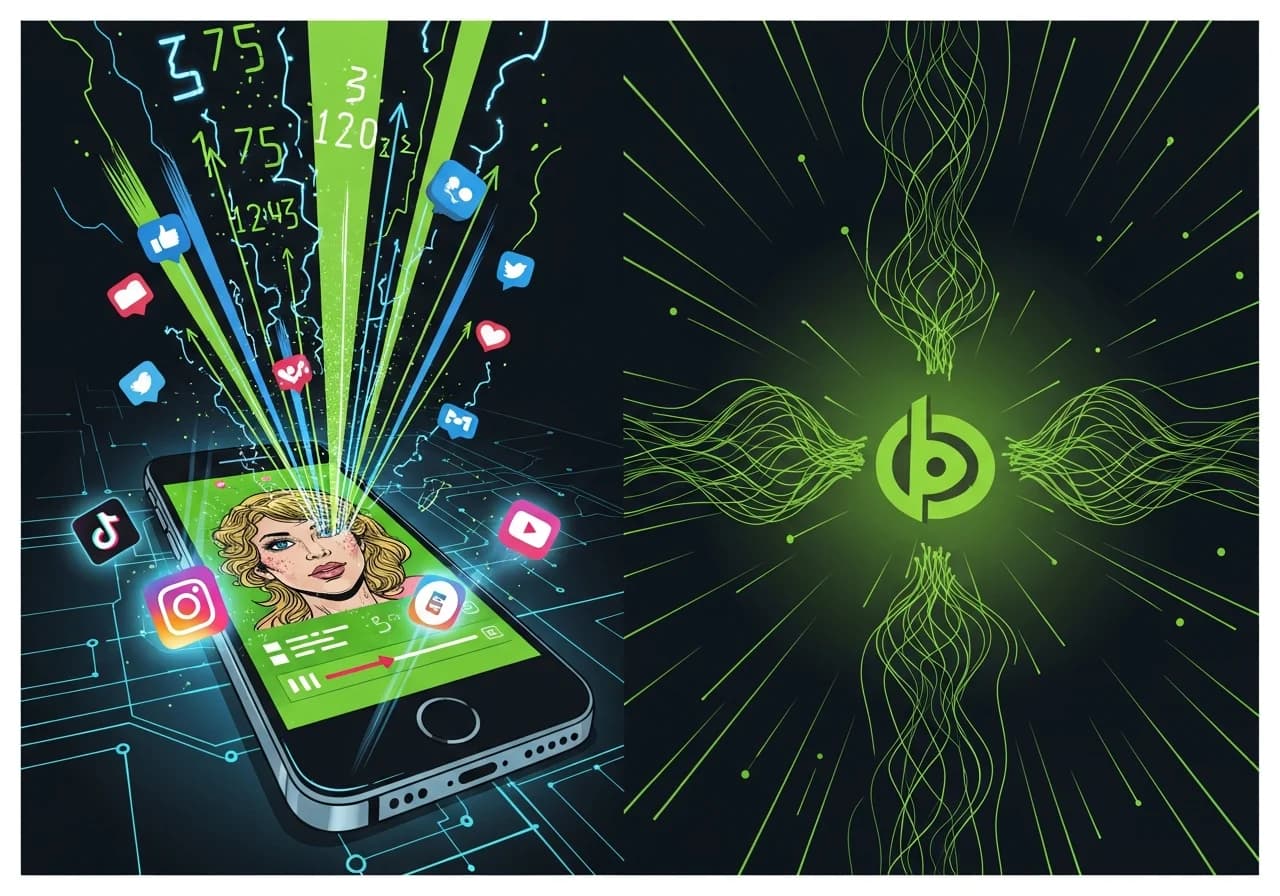 Cover Image for A dynamic split-screen showing a smartphone with viral short-form videos playing, engagement metrics exploding upward in neon green and blue, social media platform icons (TikTok, Instagram, YouTube) glowing around it, and a brand logo being amplified through AI-generated content waves radiating outward, all against a dark tech-inspired background with subtle circuit patterns.