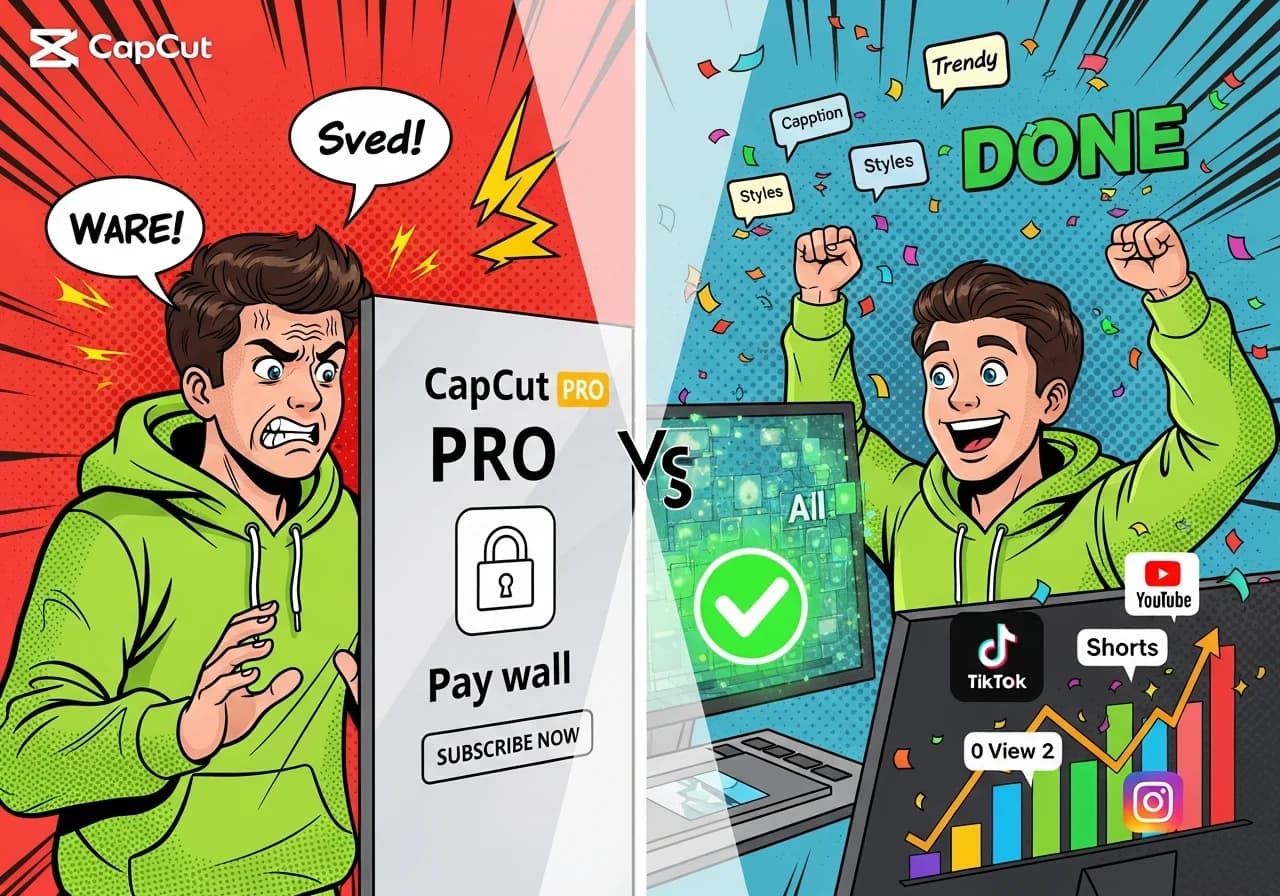 Cover Image for A split-screen comparison showing a frustrated creator staring at a CapCut paywall on one side, and on the other side a confident creator smiling while watching their finished AI-generated short video export in under 2 minutes, with a glowing 'DONE' checkmark, trending caption styles floating around, and social media icons (TikTok, YouTube Shorts, Instagram Reels) celebrating with confetti and upward-trending view count graphs in vibrant colors.