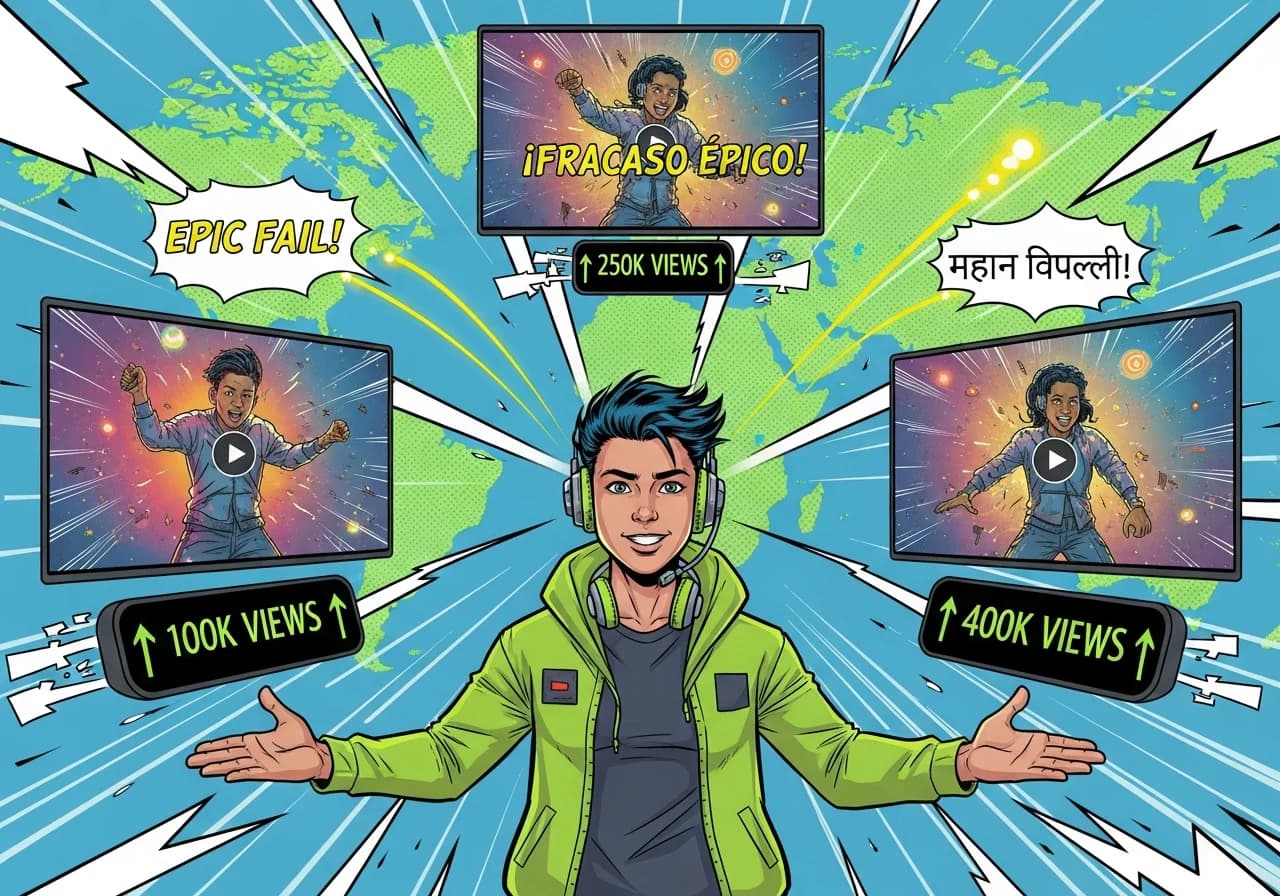 Cover Image for Dynamic split-screen thumbnail showing the same viral short simultaneously playing in English, Spanish, and Hindi with real-time view counters exploding upward -English at 100K views, Spanish at 250K views, Hindi at 400K views -against a world map background with glowing connection lines between continents, representing global reach through multilingual content strategy. The central creator's silhouette stands confidently with arms crossed as engagement metrics and currency symbols float around them, visualizing the revenue potential of multilingual shorts.