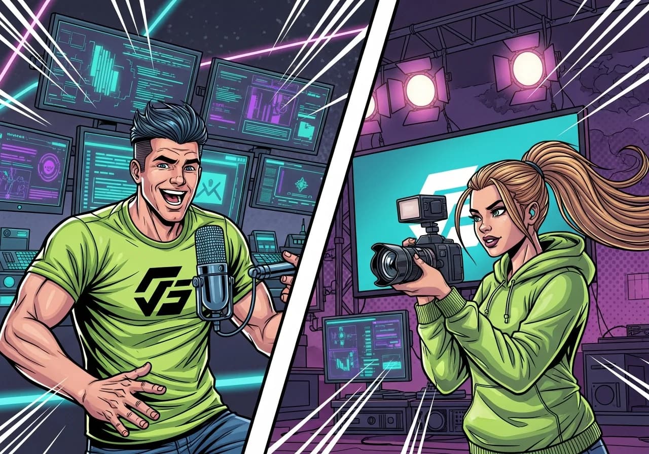 Cover Image for A split-screen composition showing a content creator's desk on the left with a laptop displaying a script framework template, colorful sticky notes with 'Hook', 'Value', 'CTA' labels, and a ring light setup. On the right side, three smartphone screens float in space showing TikTok, Instagram Reels, and YouTube Shorts interfaces with engagement metrics (views, likes, completion rates) exploding upward in bright neon colors. The background features a subtle graph trending upward to 4.9% engagement, with dynamic motion lines suggesting viral momentum and the energy of content creation.