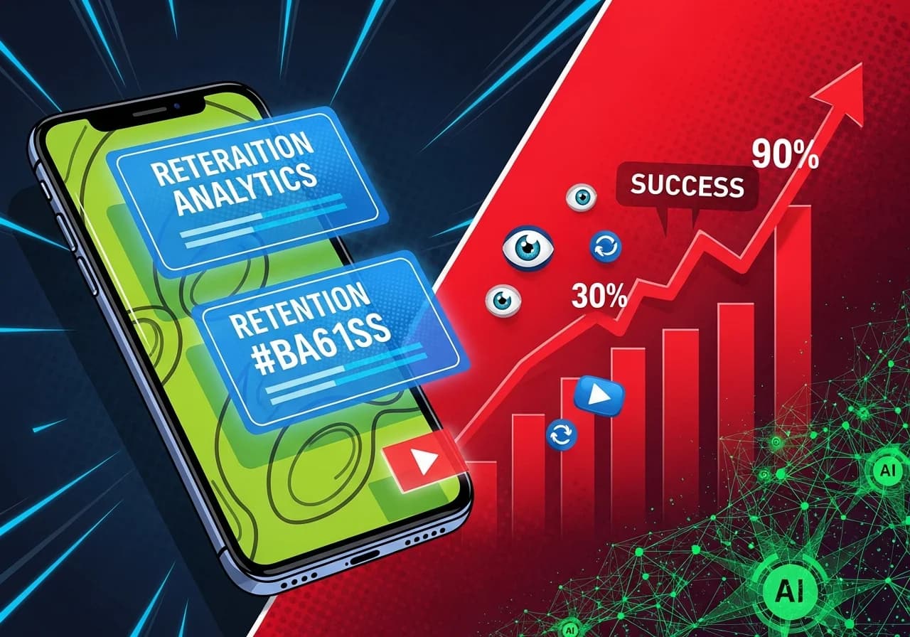 Cover Image for Split-screen visualization showing a smartphone displaying a vertical short-form video with glowing retention analytics overlay on the left, and on the right, a dramatic upward-trending red graph showing retention percentage climbing from 30% to 90%, with AI neural network patterns in the background and viewer engagement icons (eyes, play buttons, rewatch symbols) floating around the graph. The color scheme uses electric blue for the analytics, vibrant red for the success graph, and digital green for AI elements, creating an exciting, data-driven thumbnail that promises concrete improvement in retention metrics.