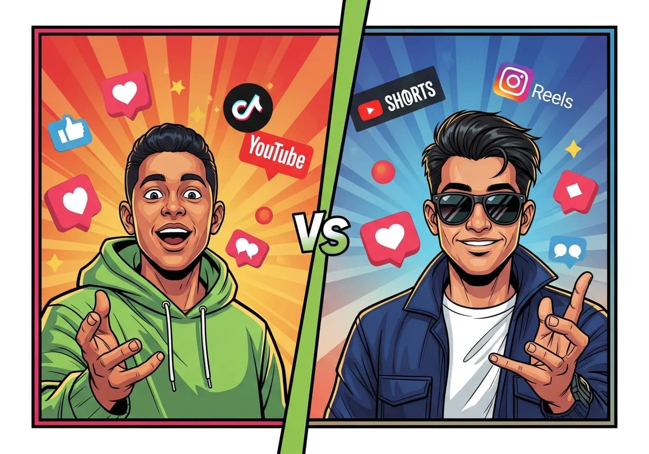 Cover Image for Split-screen comparison showing a confident creator speaking directly to camera on the left side with vibrant engagement metrics and community hearts floating around them, while the right side displays a sleek AI waveform visualization with faceless video thumbnails and dollar signs, connected by a glowing question mark in the center. The background features platform logos (TikTok, YouTube Shorts, Instagram Reels) with contrasting warm human tones on one side and cool digital blues on the other, creating visual tension that makes viewers curious about which approach wins.