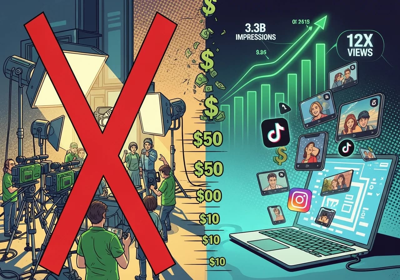 Cover Image for A split-screen dynamic composition showing on the left side a traditional expensive video production setup with crew, cameras, and lights being crossed out in red, and on the right side a single laptop glowing with AI interface generating multiple authentic-looking phone-shot UGC videos simultaneously, with TikTok and Instagram logos floating around. Dollar signs shrinking from $500 to $10 cascade down the middle. In the background, analytics graphs show exponential growth curves shooting upward in neon green, with '3.3B IMPRESSIONS' and '12X VIEWS' highlighted in bold. The aesthetic should feel like a high-energy YouTube thumbnail that makes marketers and creators instantly curious about this UGC AI revolution.